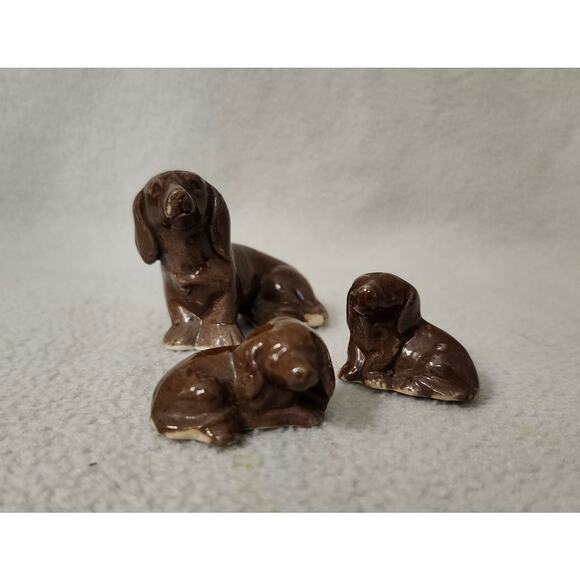 Set 3 Vintage Japan Dachshund Dog Glazed Pottery Brown Mom and Babies - Picture 2 of 8